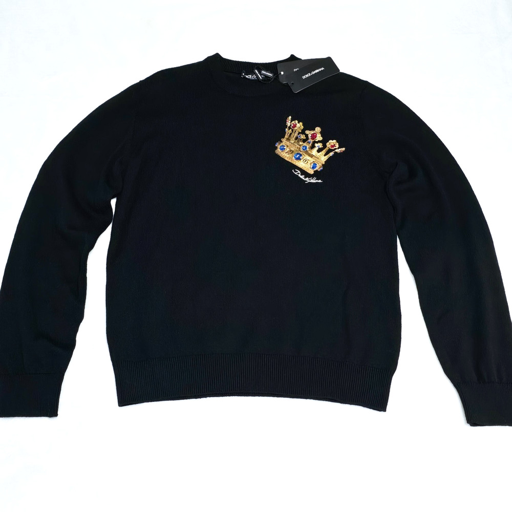 Dolce & Gabbana Crown Embroidered Virgin Wool Sweater | Size 54 | MSRP $1245